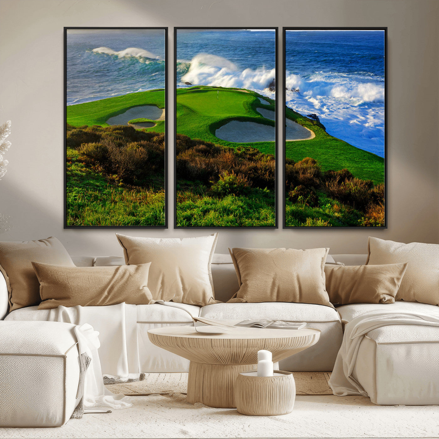 13644055-MGV-FC-48X32-3P_Black-Golf Wall Art – Oceanfront Green Canvas Print, Scenic Coastal Course Photography Decor for Bedroom, Living Room, Office, Sports