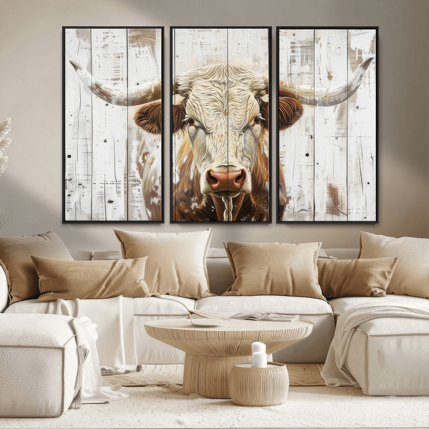 10840-MGV-FC-48X32-3P_Black-Texas Longhorn Wall Art Canvas Print, Framed Rustic Bull Art Picture Print, Western Cattle Perfect Rustic Western Decor Artwork