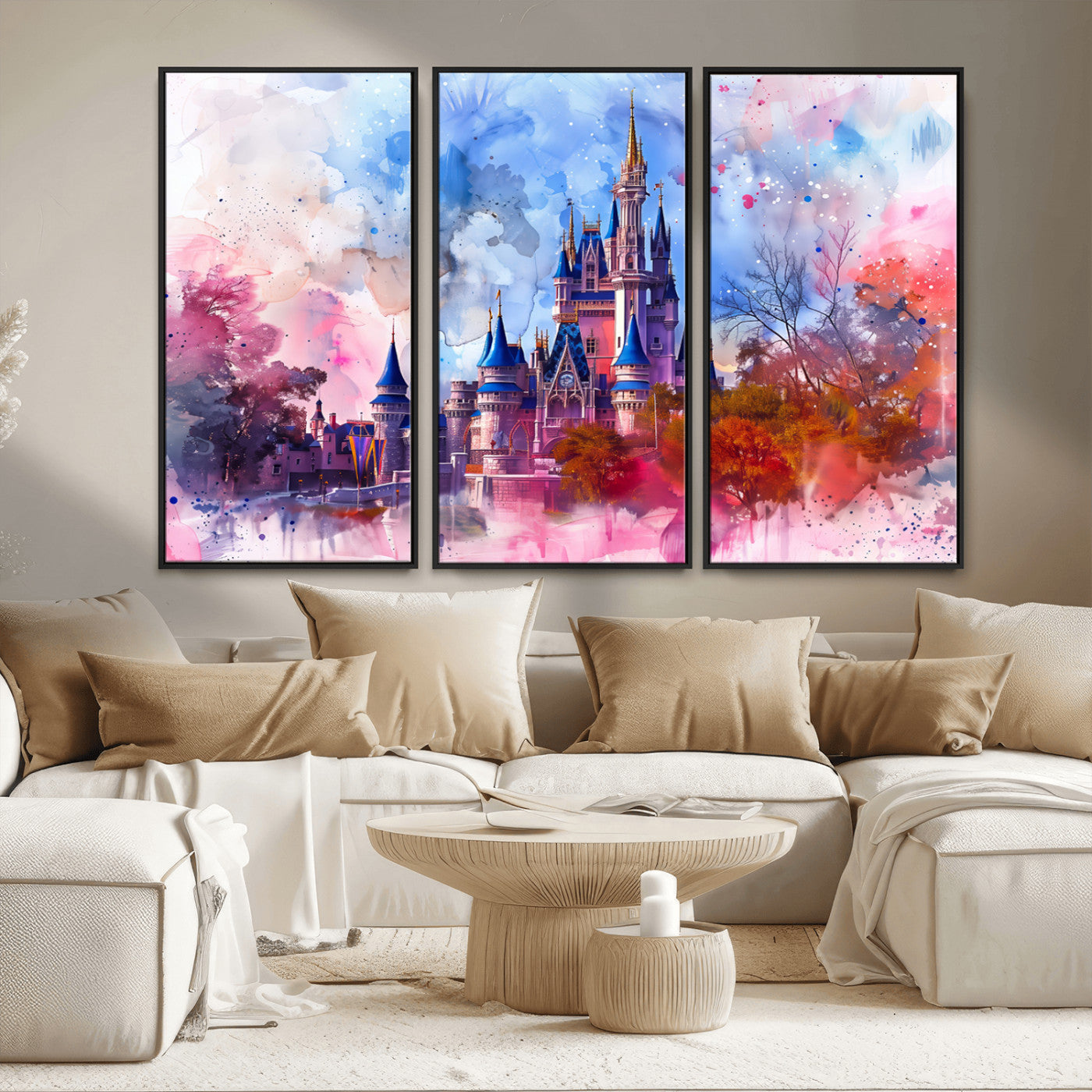 15129-MGV-FC-48X32-3P_Black-Disney Castle Wall Art Canvas Print, Framed Cinderella Palace Art Picture Print, Fantasy Kingdom Perfect Whimsical Fairytale Decor