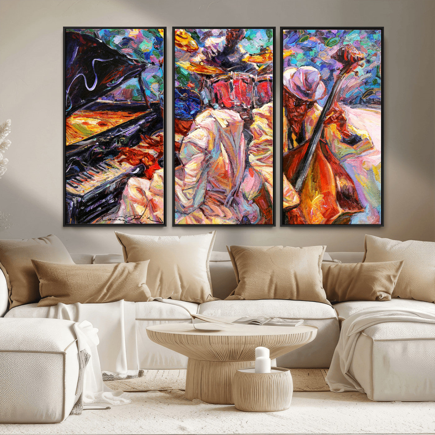 13675-MGV-FC-48X32-3P_Black-Jazz Band Wall Art Canvas Print, Framed Jazz Oil Painting Art Picture Print, Vibrant Music Perfect Abstract Musical Decor Artwork