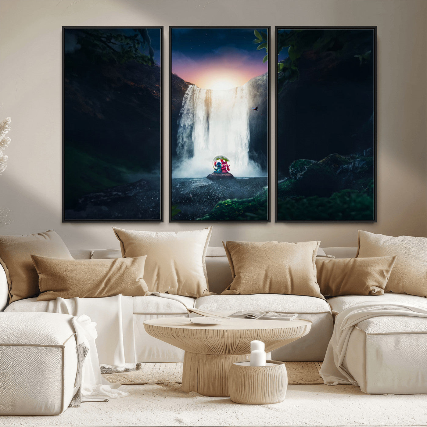 56359-MGV-CV-36X24-Lilo Stitch Wall Art Canvas Print, Framed Stitch Angel Art Picture Print, Cartoon Waterfall Perfect Tropical Fantasy Decor Artwork