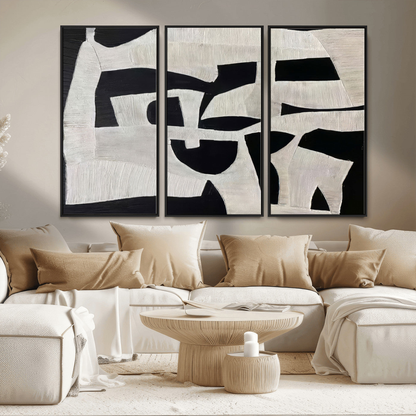 33714-MGV-FC-48X32-3P_Black-Monochrome Design Wall Art Canvas Print, Framed Modern Linework Art Picture Print, Textured Shapes Perfect Monochrome Modern Decor