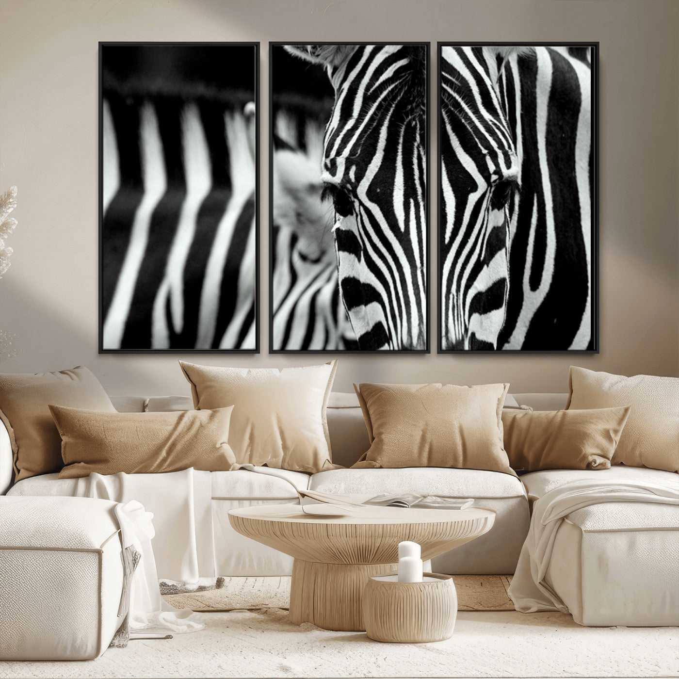 43631-MGV-FC-48X32-3P_Black-Zebra Wall Art – Black & White Safari Wildlife Canvas Print, Modern Animal Photography Decor for Living Room, Office, or Bedroom