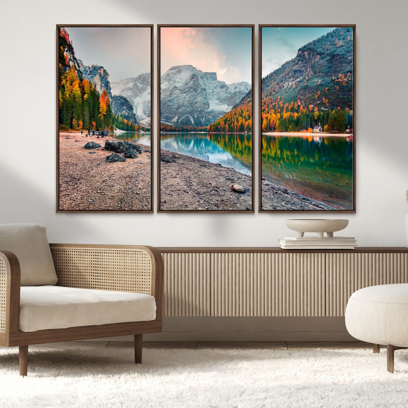 25982-MGV-FC-48X32-3P_Walnut-Autumn Mountain Lake Wall Art – Panoramic Fall Foliage and Snowy Peaks Canvas Print, Scenic Nature Decor for Living Room or Office