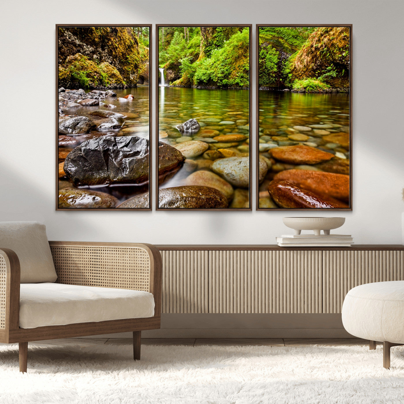 98096-MGV-CV-36X24-Serene River Waterfall Nature Photo – Calm Clear Water, Vibrant Green Forest and Smooth Stones Landscape Wall Art for Home or