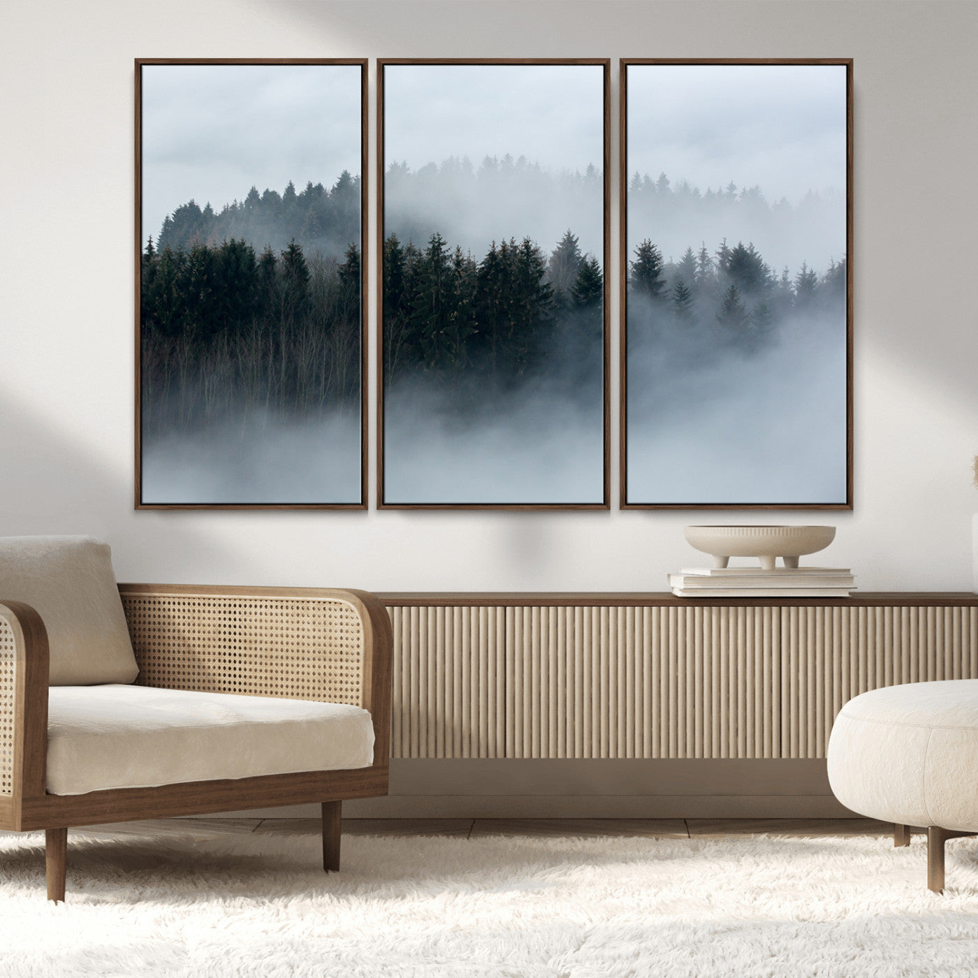 42596-MGV-FC-48X32-3P_Walnut-Misty Forest Wall Art – Atmospheric Pine Trees Canvas Print, Nature Landscape Decor for Living Room, Bedroom, Office, or Cabin