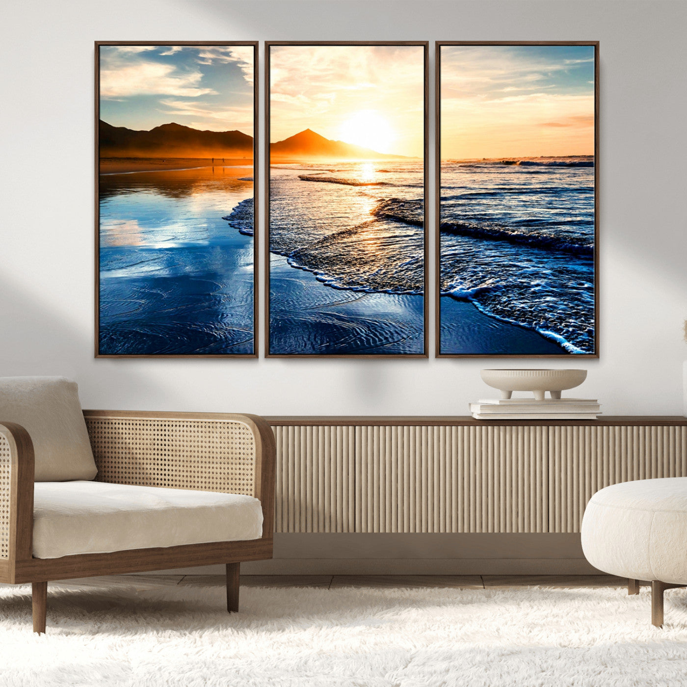 86173-MGV-FC-48X32-3P_Walnut-Golden Sunset Beach Wall Art – Reflective Ocean Canvas Print with Mountains and Waves, Coastal Nature Decor for Living Room,
