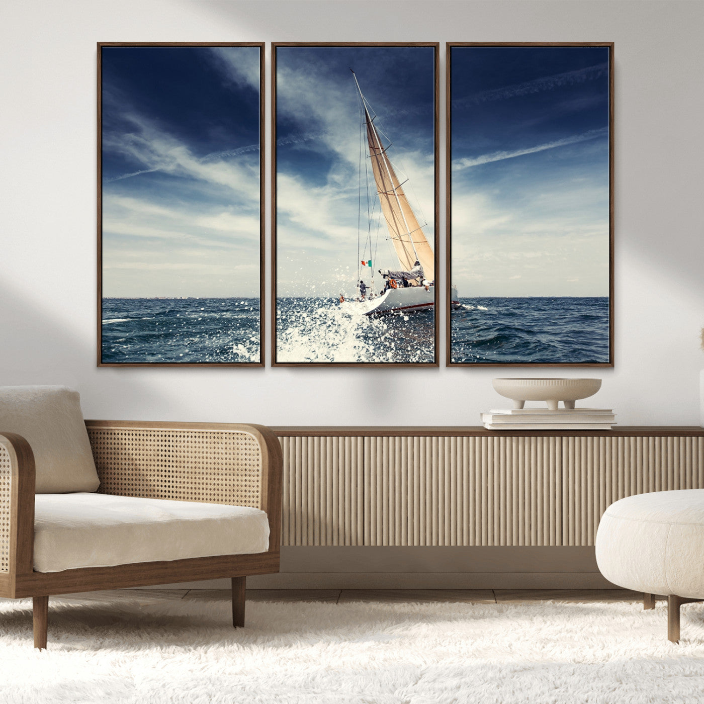 75430-MGV-FC-48X32-3P_Walnut-Sailing Boat Wall Art – Dynamic Ocean Yacht Canvas Print, Nautical Decor for Living Room, Office, Beach House or Cabin