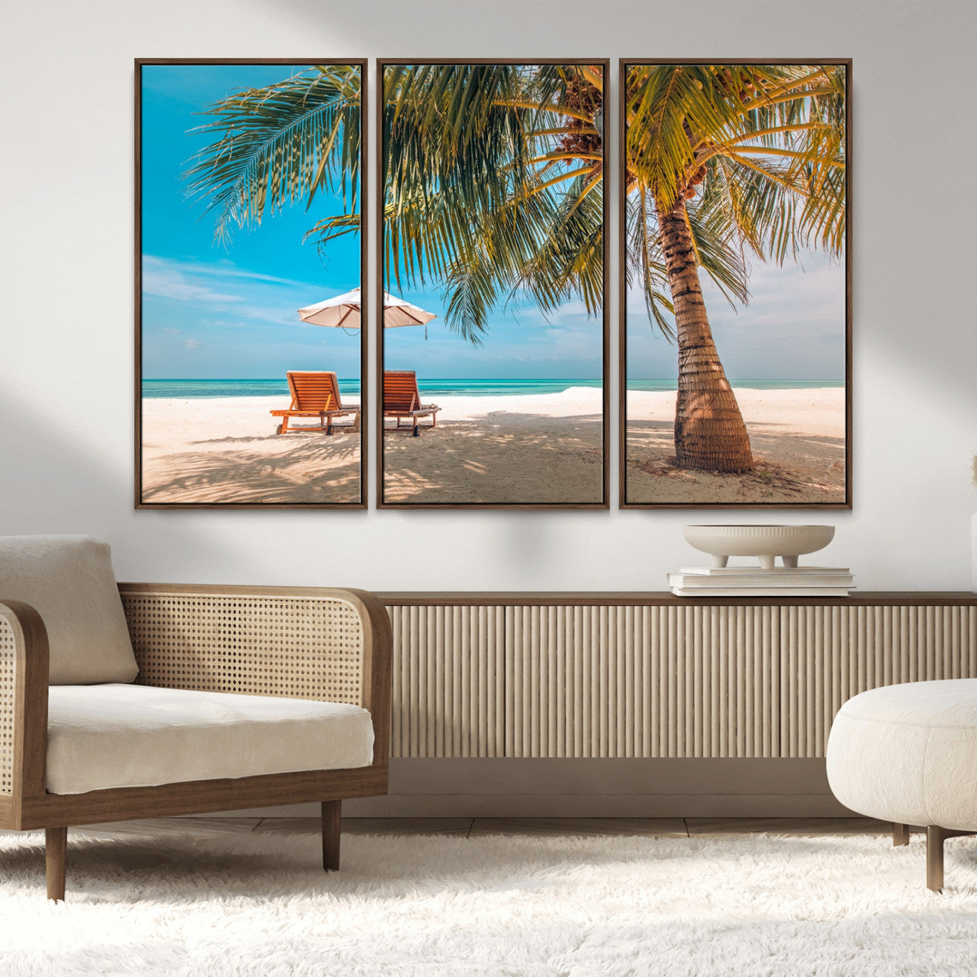 69754-MGV-FC-48X32-3P_Walnut-Tropical Beach Wall Art – Relaxing Palm Tree and Lounge Chairs Canvas Print, Serene Coastal Decor for Living Room, Bedroom, Office