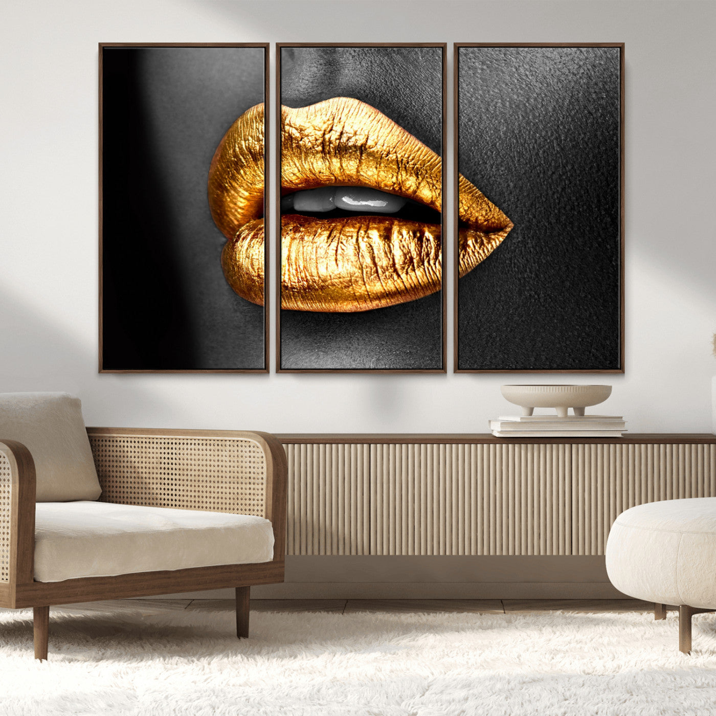 84747-MGV-CV-36X24-Golden Lips Black & White Portrait – Glamorous Metallic Lip Art Print, Modern Wall Decor for Bedroom, Beauty & Fashion Lover Gift