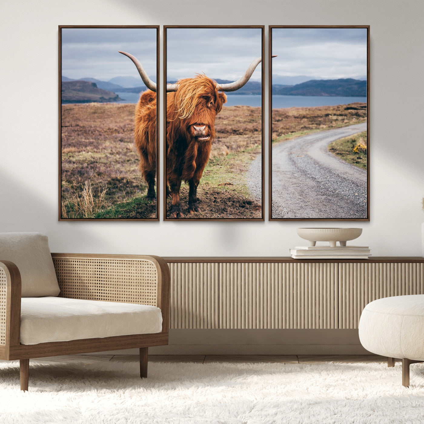56121-MGV-FC-48X32-3P_Walnut-Rustic Highland Cow Wall Art – Panoramic Nature Canvas Print, Perfect Decor for Home, Office, Living Room or Man Cave