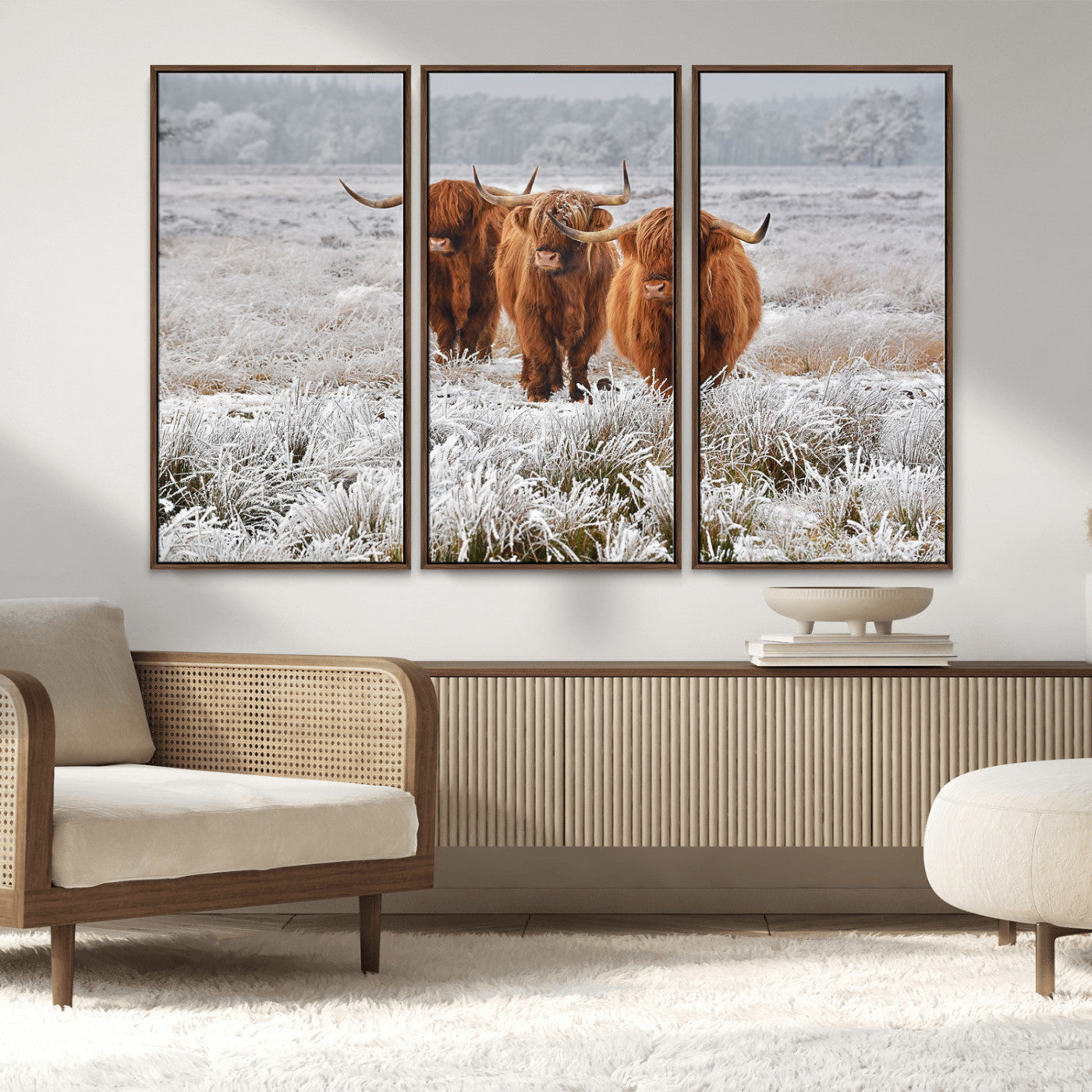 10396-MGV-FC-48X32-3P_Walnut-Highland Cattle Wall Art – Rustic Winter Landscape Canvas Print, Farmhouse Decor for Living Room, Office, Cabin or Country Home