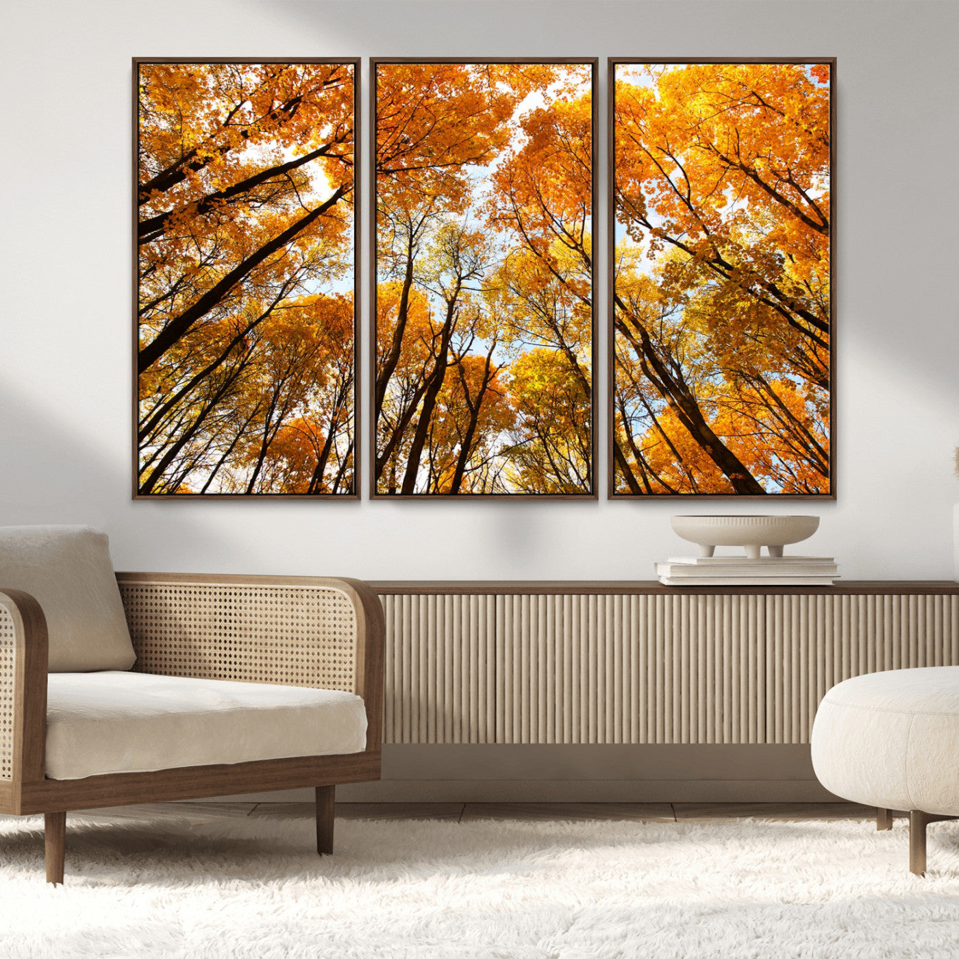 11823-MGV-FC-48X32-3P_Walnut-Golden Autumn Tree Canopy Wall Art – Stunning Fall Forest Leaves Print, Warm Seasonal Nature Decor for Home, Office or Cabin
