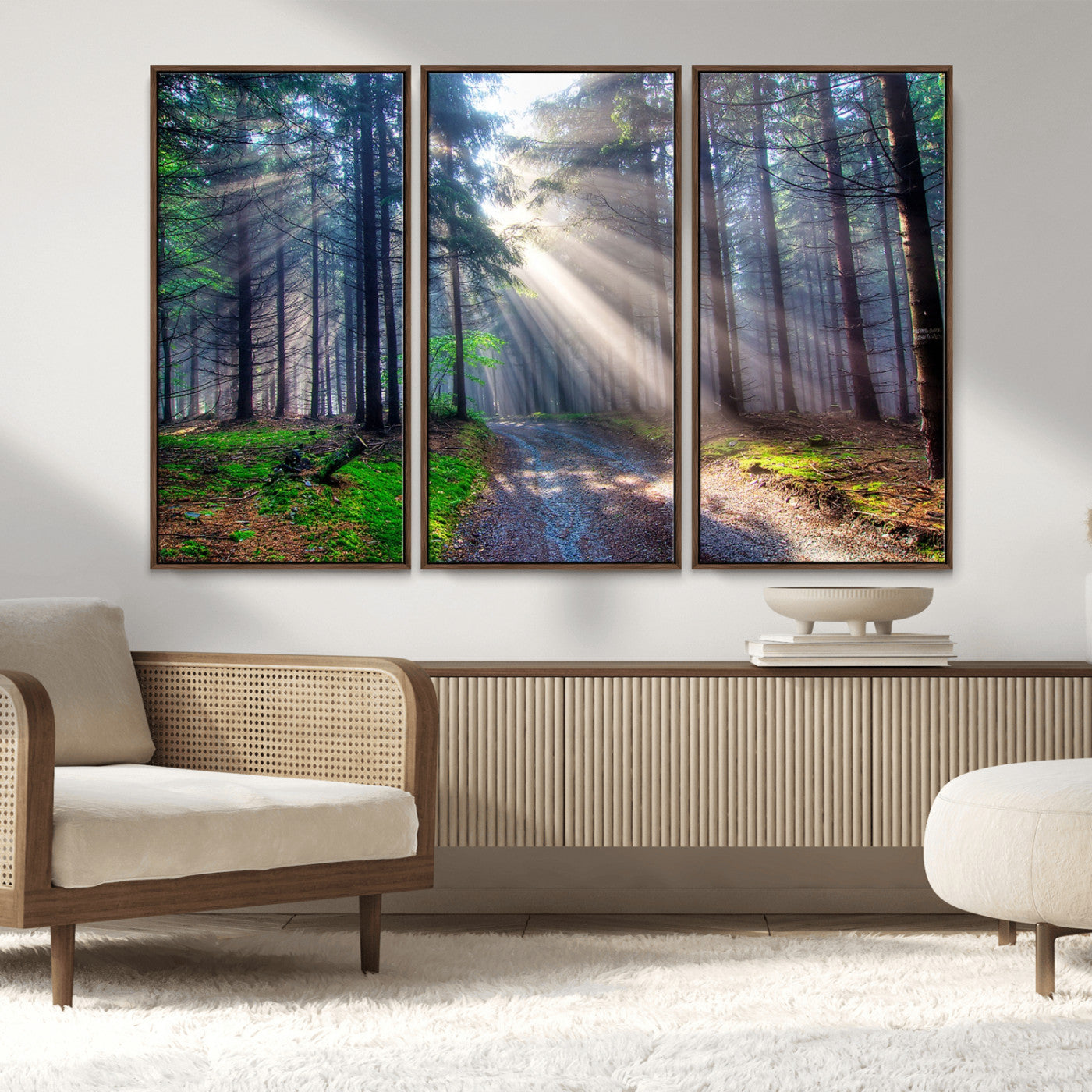 42047-MGV-FC-48X32-3P_Walnut-Sunlit Forest Path Wall Art – Nature Canvas Print, Serene Woodland Landscape, Perfect Home & Office Decor for Calm and Tranquil
