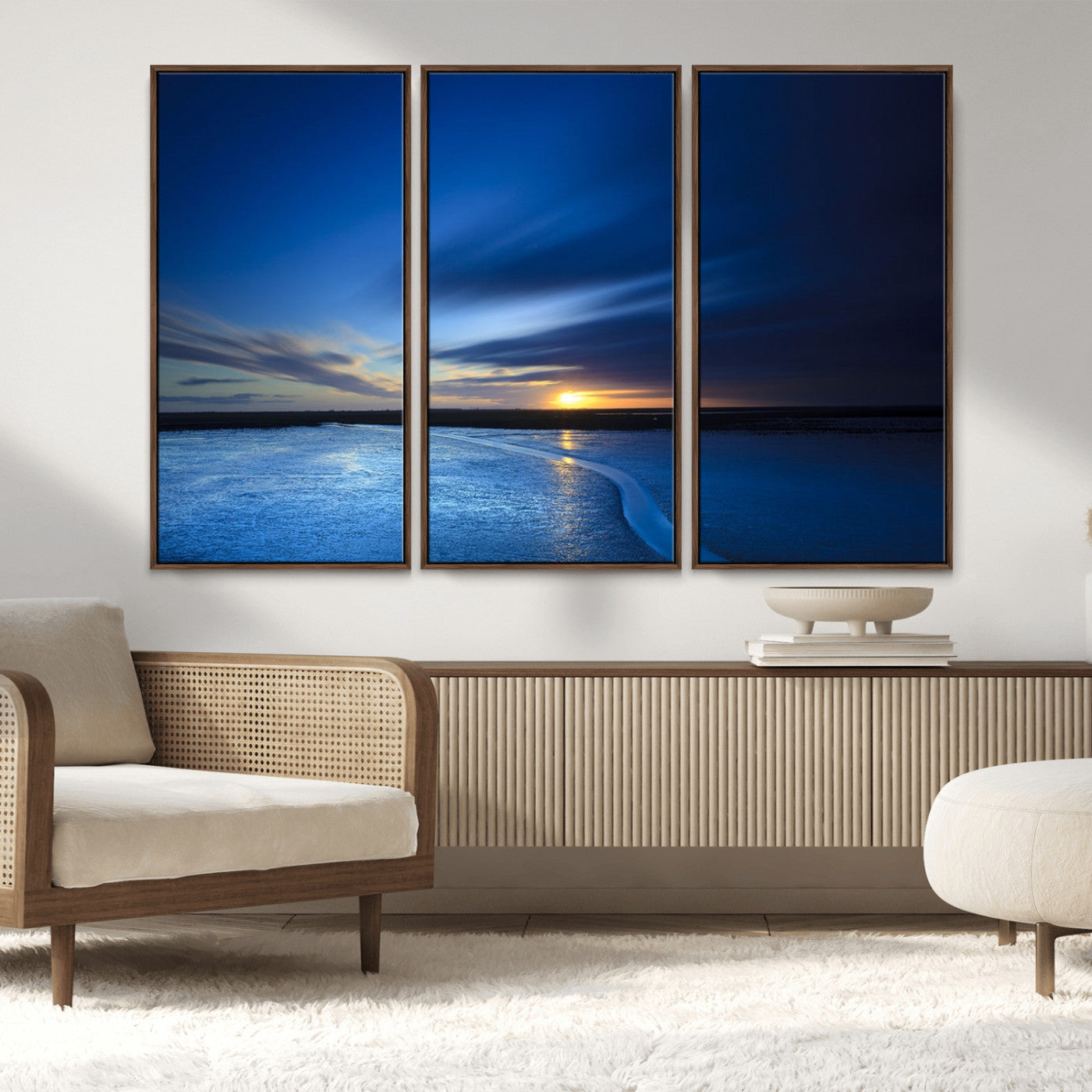 65405-MGV-CV-36X24-Blue Sunrise Seascape Wall Art – Tranquil Ocean Horizon Canvas Print with Golden Sunlight and Deep Sky, Coastal Landscape Decor