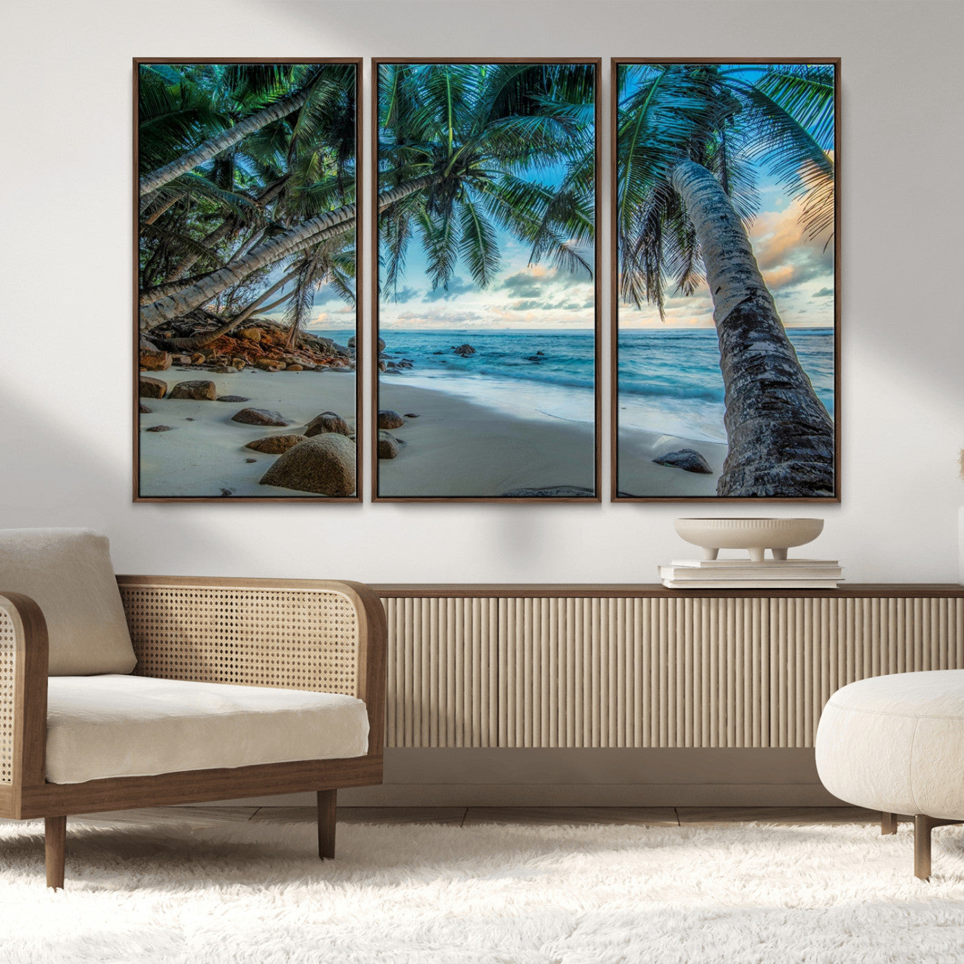 39679-MGV-CV-36X24-Tropical Palm Beach Wall Art – Serene Ocean Canvas Print with Palm Trees and Rocks, Coastal Paradise Decor for Living Room or