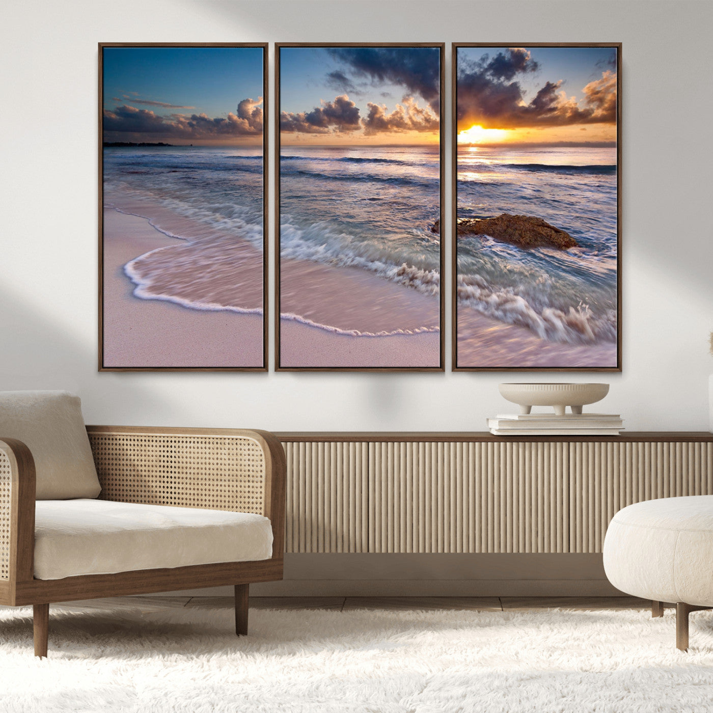 94906-MGV-CV-36X24-Sunrise Beach Wall Art – Panoramic Ocean Waves Canvas Print, Coastal Sunset Seascape Artwork for Living Room, Bedroom, or Office