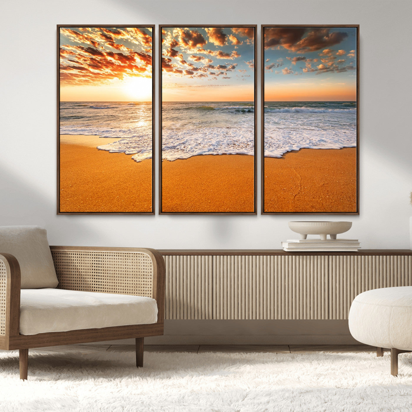 15399-MGV-CV-36X24-Golden Sunrise Beach Wall Art – Ocean Waves on Sandy Shore Canvas Print, Coastal Seascape Decor for Living Room or Bedroom