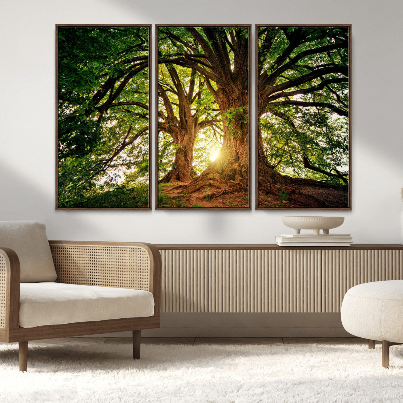 52150-MGV-FC-48X32-3P_Walnut-Majestic Tree Wall Art – Large Nature Canvas Print with Sunlight Through Branches, Rustic Forest Decor for Living Room, Bedroom or