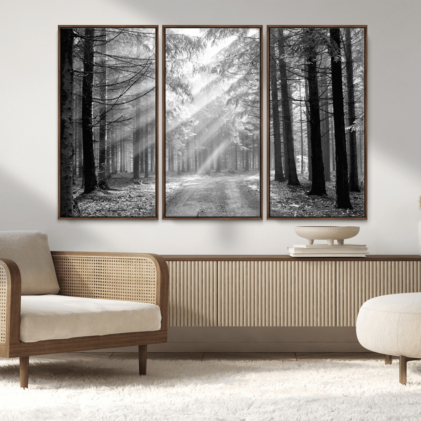 39665-MGV-CV-36X24-Black and White Forest Path Wall Art – Sunlight Rays in Trees Canvas Print, Nature Landscape Decor for Living Room
