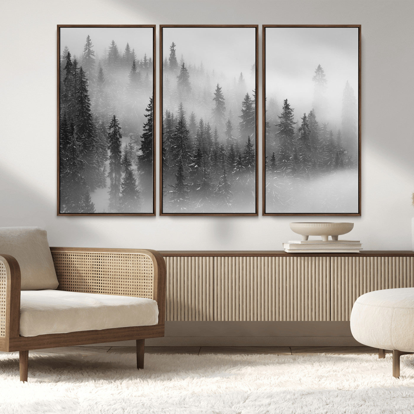 57235-MGV-FC-48X32-3P_Walnut-Misty Pine Forest Wall Art – Black and White Mountain Landscape Canvas Print, Nature Woodland Decor for Living Room, Bedroom or