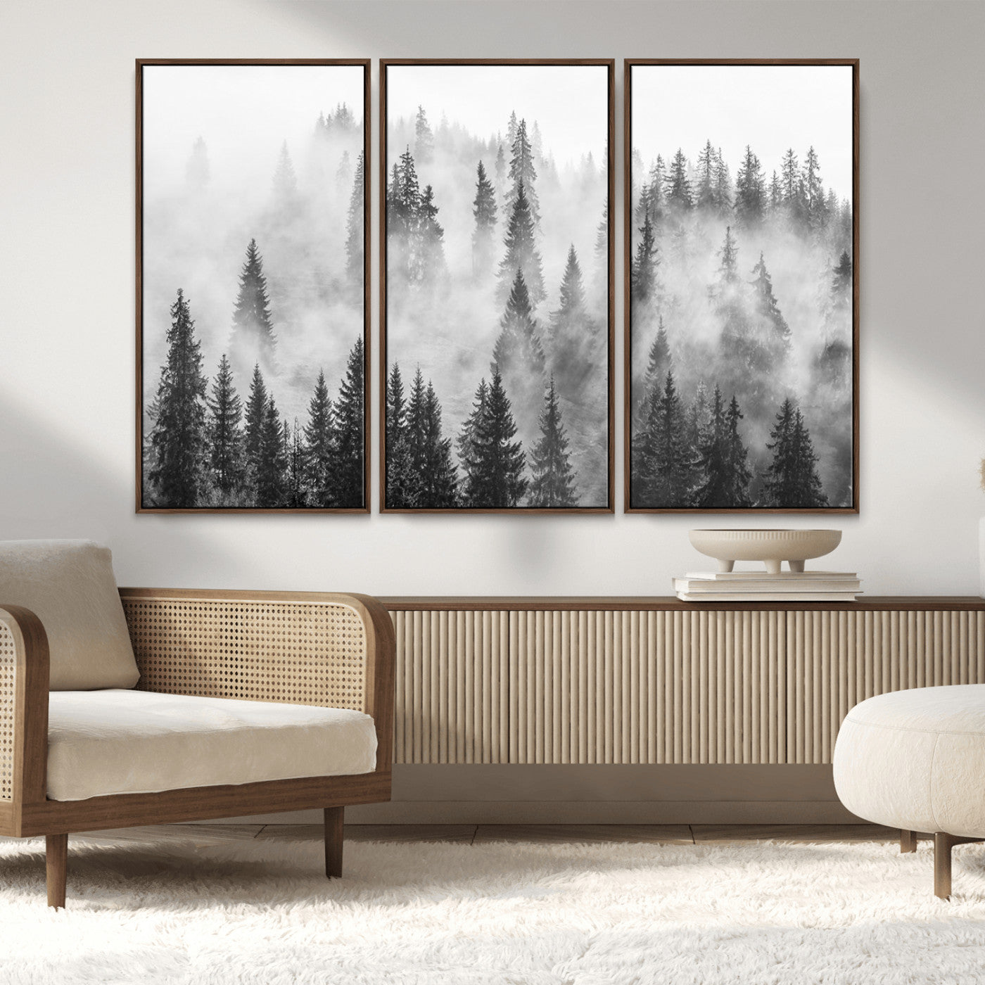10422-MGV-CV-36X24-Misty Pine Forest Wall Art – Black and White Foggy Landscape Canvas Print, Serene Nature Woodland Decor for Bedroom, Office or