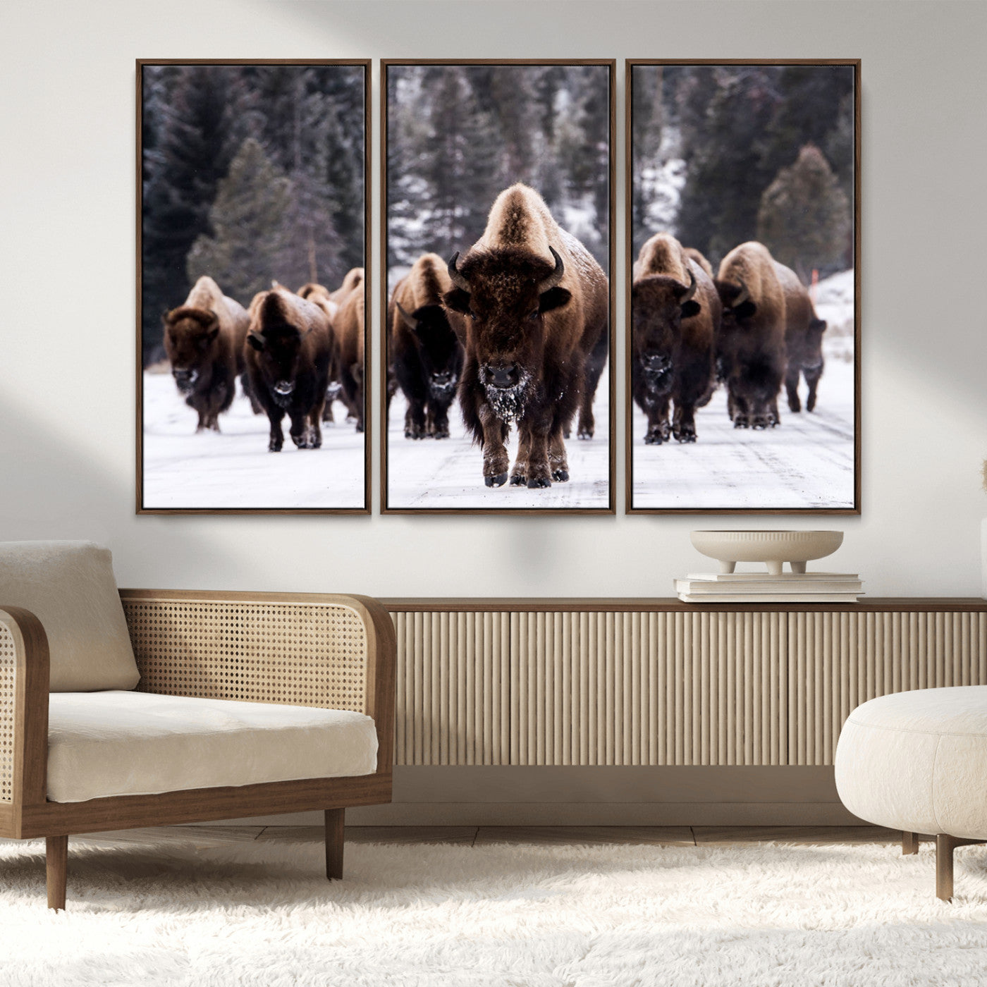 66871-MGV-FC-48X32-3P_Walnut-Bison Herd Wall Art – Wildlife Buffalo Canvas Print, Rustic Western Nature Photography Decor for Living Room, Office, Cabin, or
