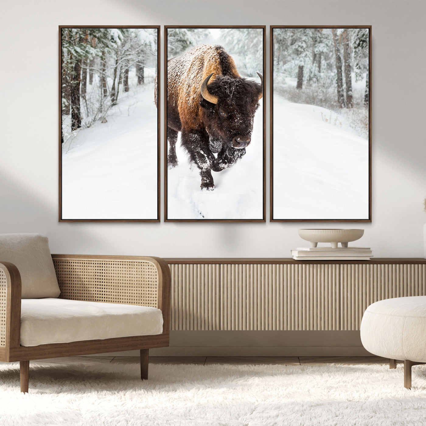 84699-MGV-FC-48X32-3P_Walnut-Bison in Winter Wall Art – Majestic Buffalo Canvas Print with Snowy Forest Landscape, Rustic Wildlife Artwork for Cabin, Living