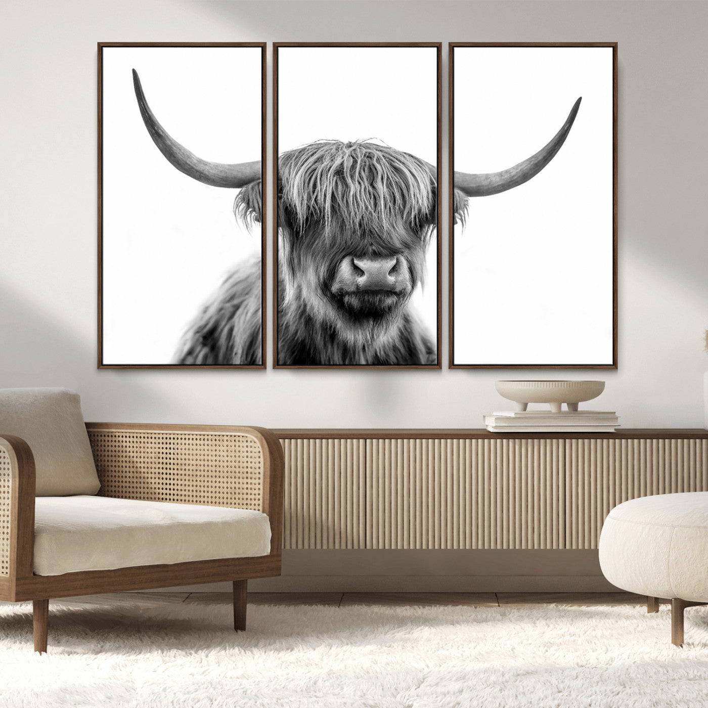 10123-MGV-CV-36X24-Black and White Highland Cow Wall Art – Modern Farmhouse Animal Print, Rustic Scottish Bull Canvas Decor for Living Room, Bedroom,