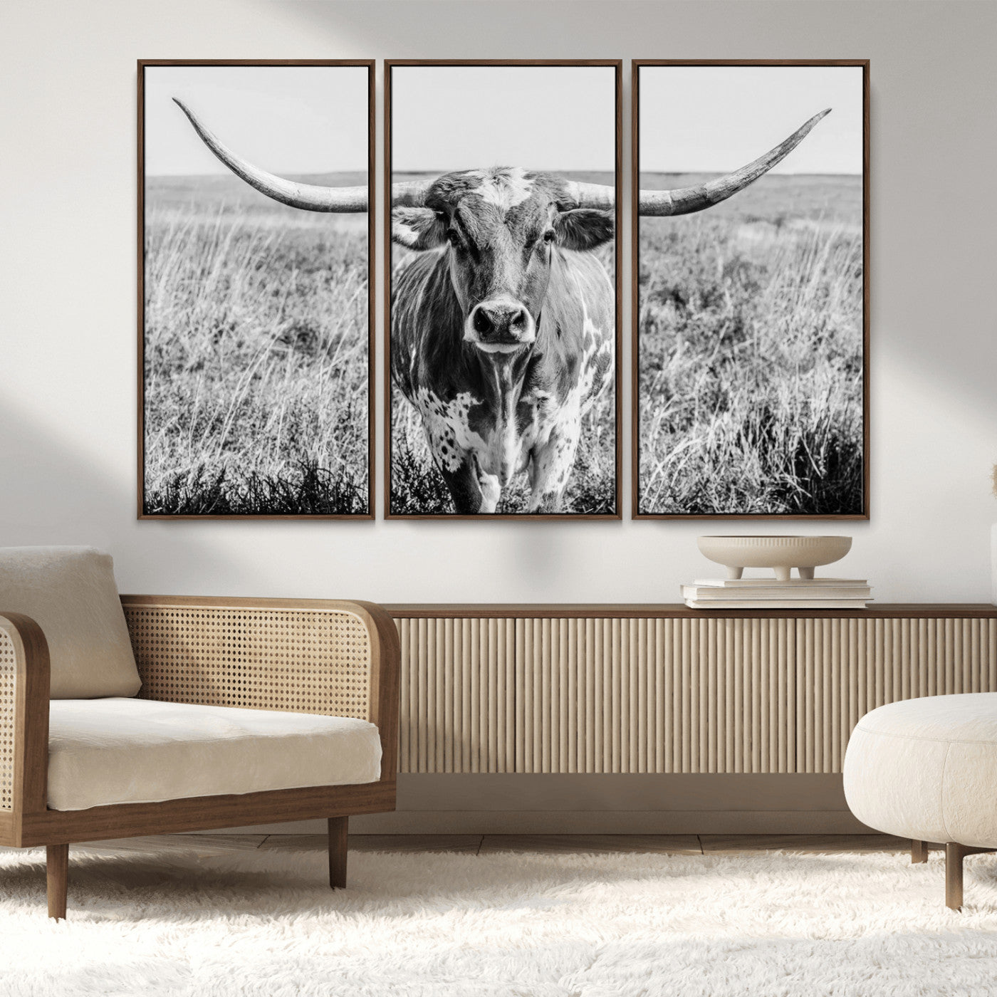 77320-MGV-CV-36X24-Texas Longhorn Wall Art – Black and White Western Cattle Canvas Print, Rustic Farmhouse Animal Photography Decor for Living Room,