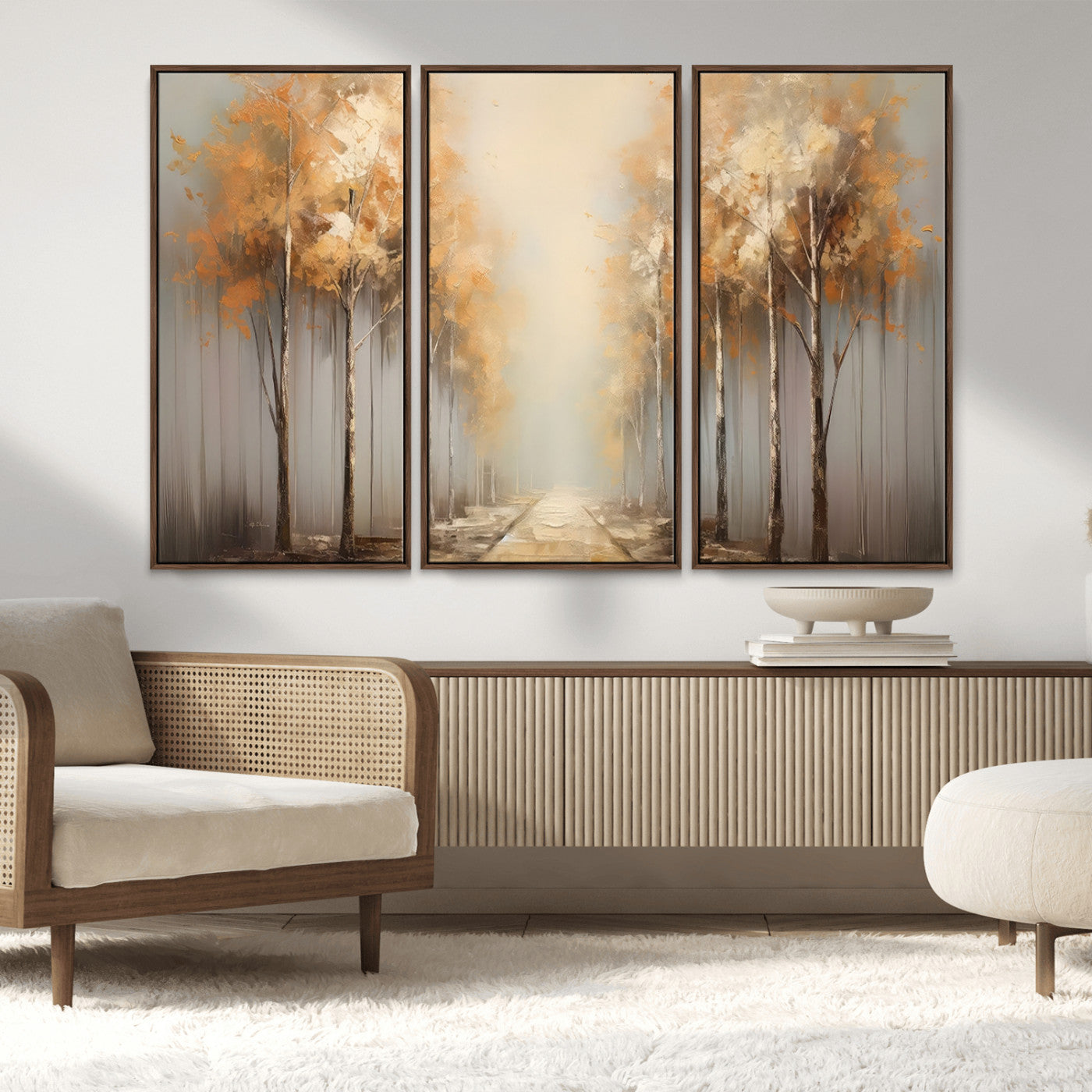 95004-MGV-FC-48X32-3P_Walnut-Autumn Forest Path Wall Art – Hand Painted Canvas Print with Golden Trees, Modern Nature Landscape Decor for Living Room, Bedroom