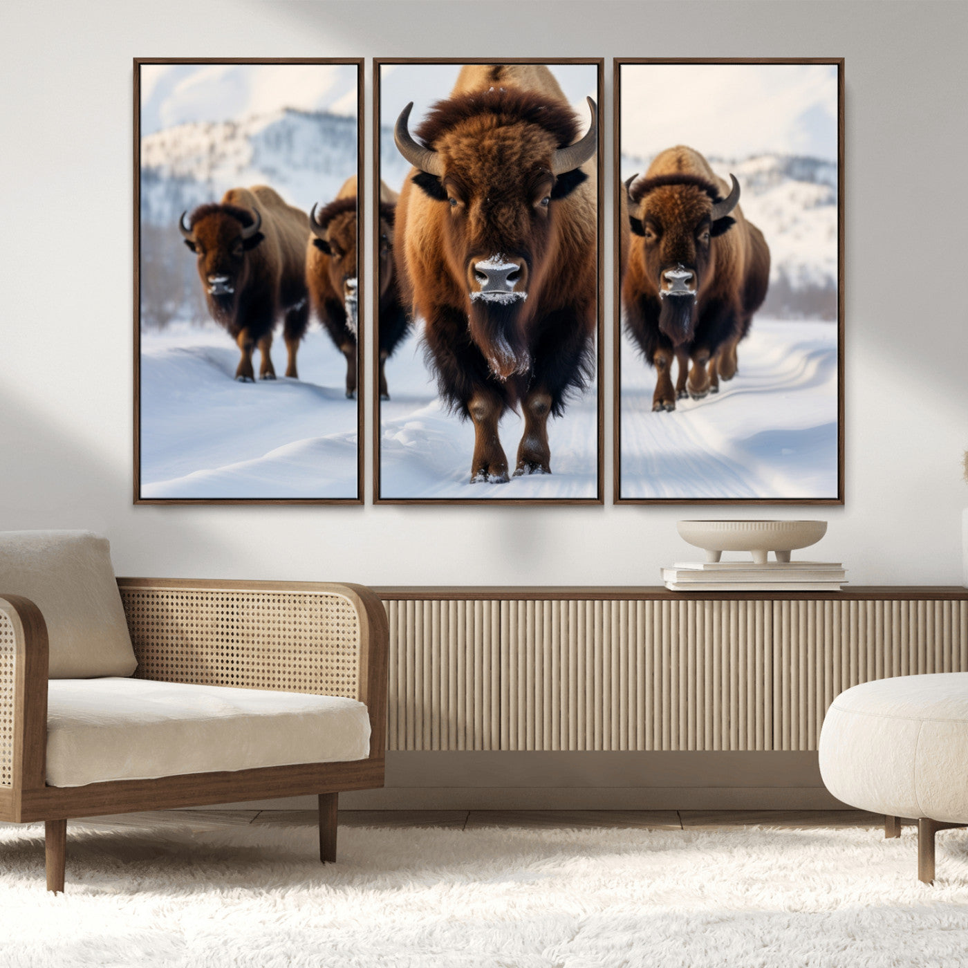 56701-MGV-CV-36X24-Bison Herd Wall Art – Buffalo Walking in Snowy Mountains Canvas Print, Rustic Wildlife Decor for Cabin, Lodge, or Living Room
