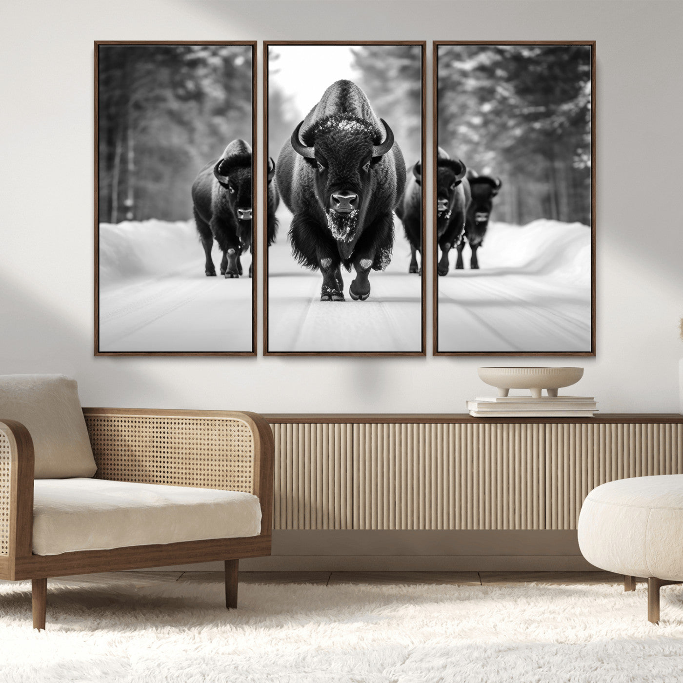 45287-MGV-FC-48X32-3P_Walnut-Bison Herd Wall Art – Black and White Buffalo Snow Road Canvas Print, Rustic Wildlife Decor for Cabin, Lodge or Living Room