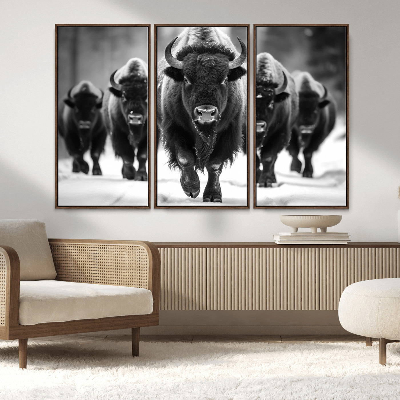 79872-MGV-CV-36X24-Bison Herd Wall Art – Black and White Buffalo on Snow Canvas Print, Rustic Wildlife Decor for Lodge, Cabin, or Living Room
