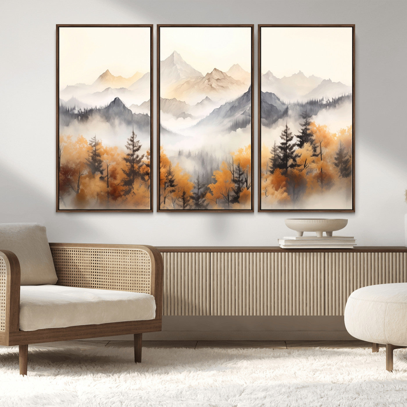 70049-MGV-FC-48X32-3P_Walnut-Autumn Mountain Forest Wall Art – Misty Landscape Canvas Print, Rustic Nature Inspired Decor for Living Room, Bedroom or Office