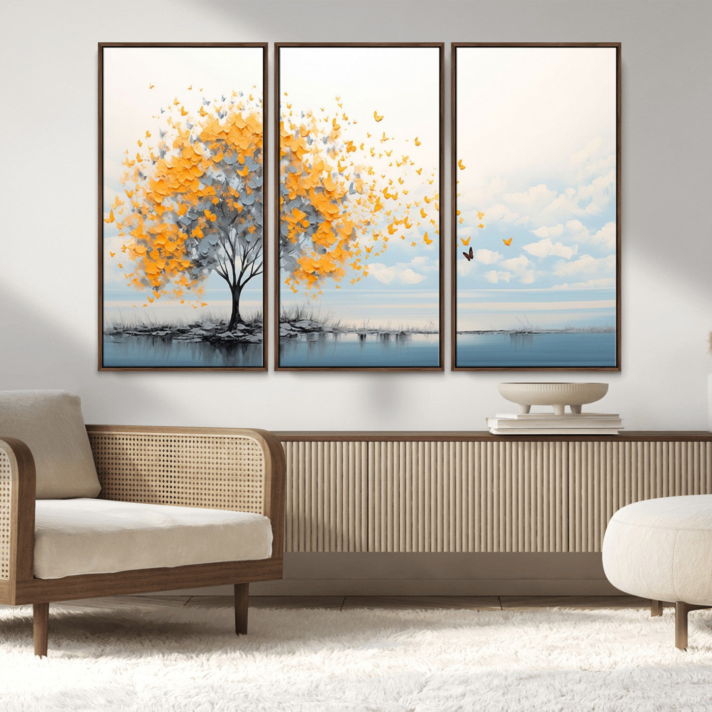 23385-MGV-FC-48X32-3P_Walnut-Golden Butterfly Tree Wall Art – Abstract Yellow and Gray Canvas Print, Modern Nature Artwork for Living Room, Bedroom or Office
