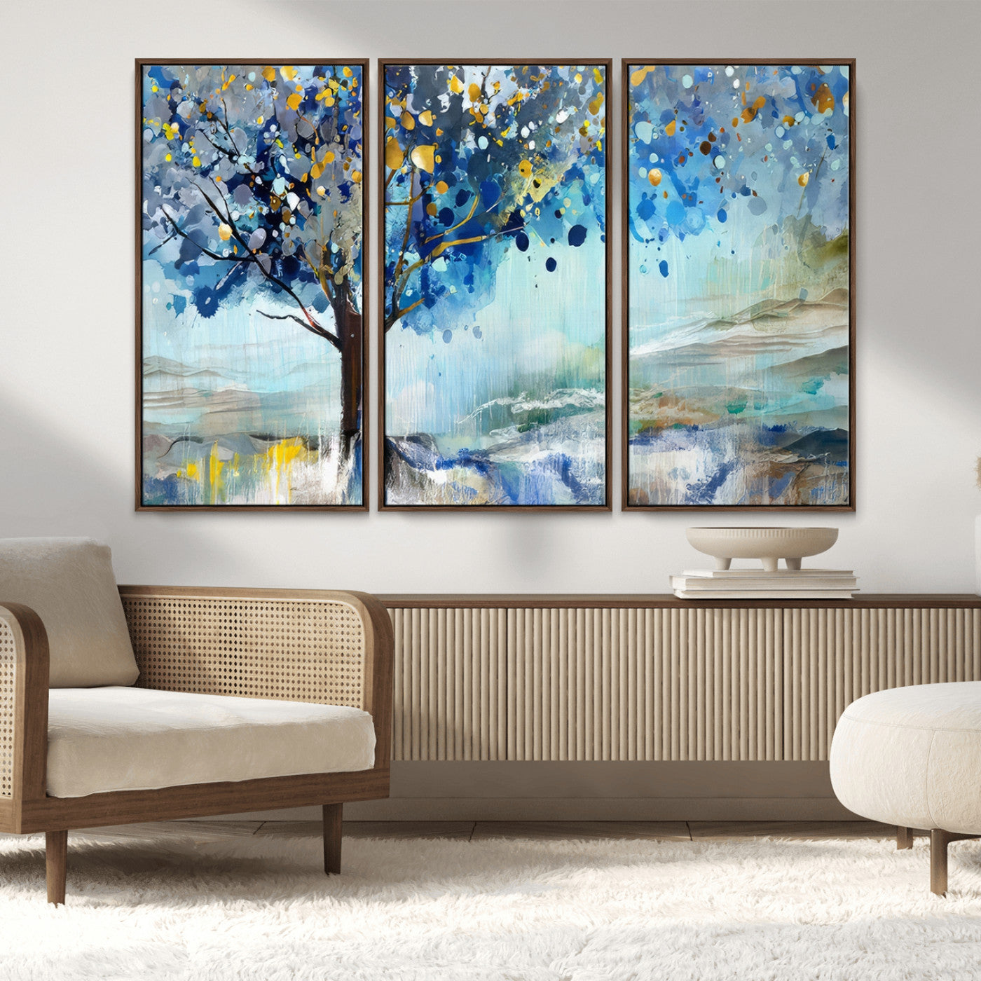 17018-MGV-FC-48X32-3P_Walnut-Abstract Blue Tree Wall Art – Colorful Canvas Painting with Gold and Silver Accents, Modern Nature Artwork for Living Room,