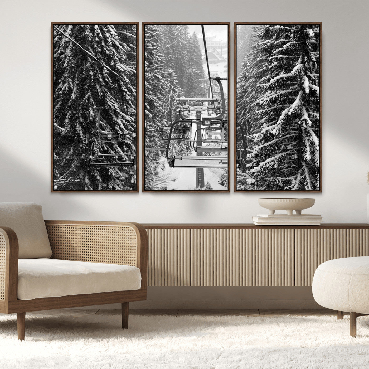 19240-MGV-FC-48X32-3P_Walnut-Ski Lift Wall Art – Black and White Winter Mountain Canvas Print, Snowy Forest Ski Resort Photography for Cabin, Lodge, Office or