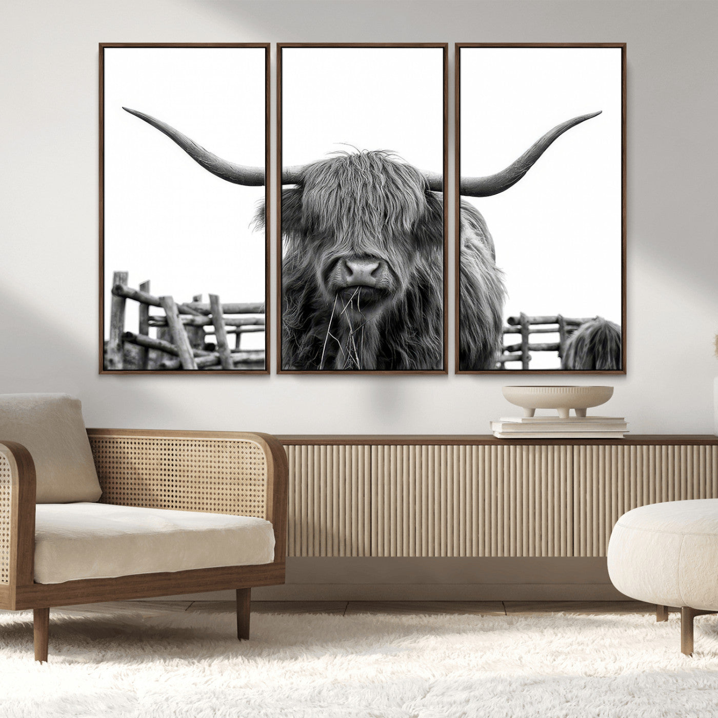 58188-MGV-FC-48X32-3P_Walnut-Highland Cow Wall Art – Black and White Rustic Farmhouse Canvas Print, Longhorn Cattle Photography Decor for Living Room or