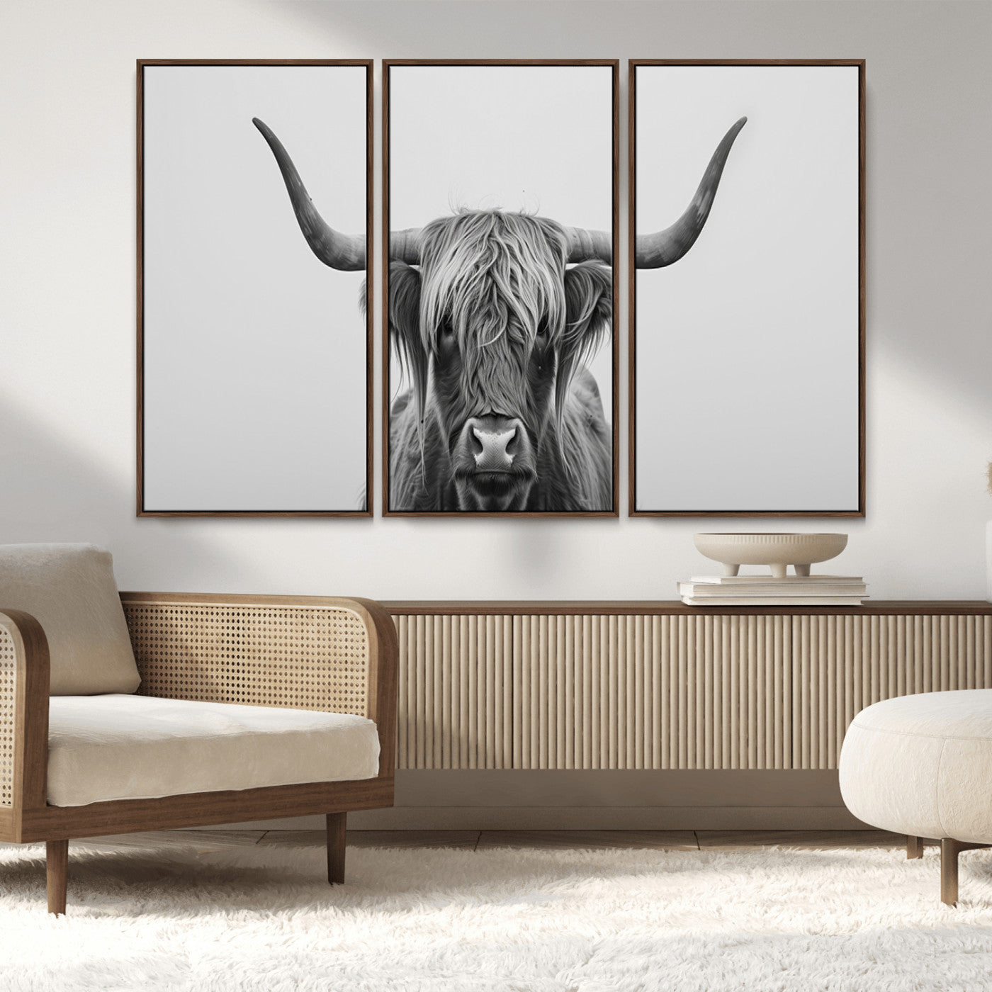 35820-MGV-FC-48X32-3P_Walnut-Minimalist Highland Cow Wall Art – Black and White Longhorn Cattle Canvas Print, Modern Farmhouse Animal Photography Decor for
