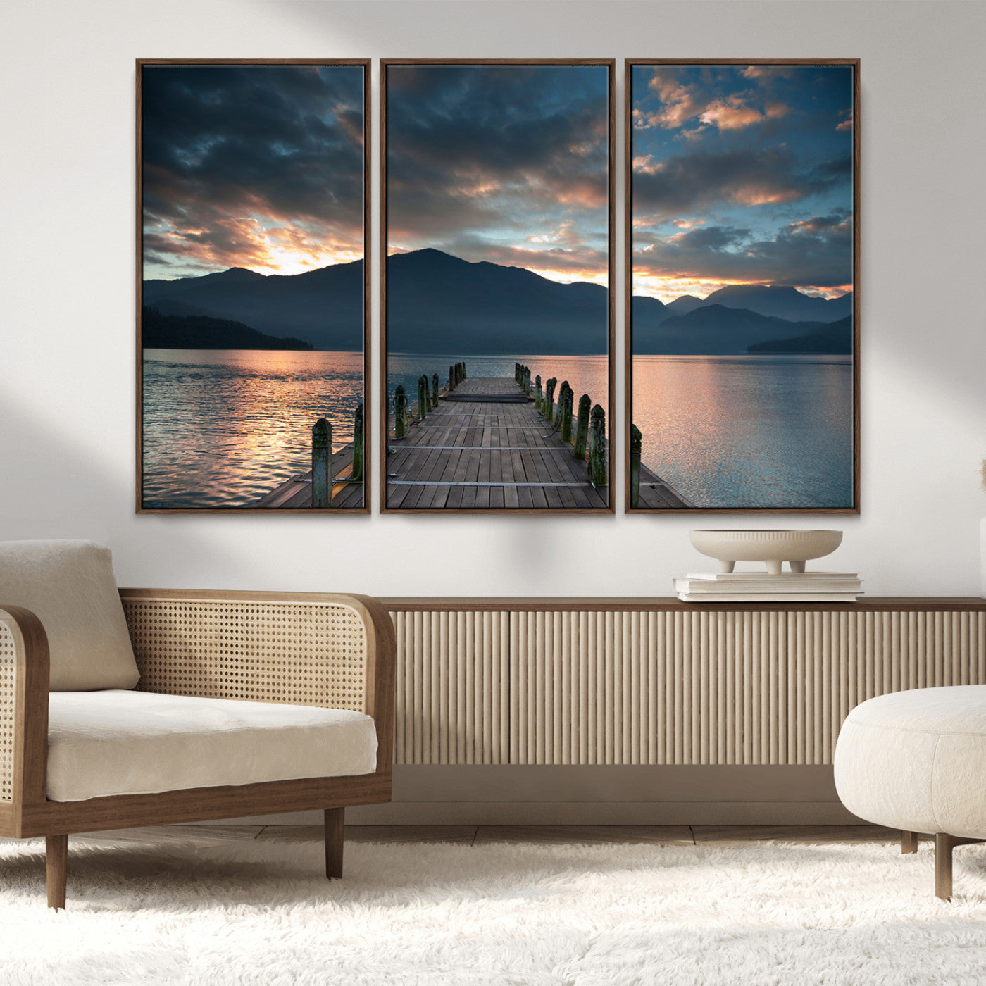 20442-MGV-CV-36X24-Lakeside Sunset Dock Wall Art – Peaceful Mountain Lake Canvas Print, Serene Nature Landscape Decor for Living Room, Bedroom or
