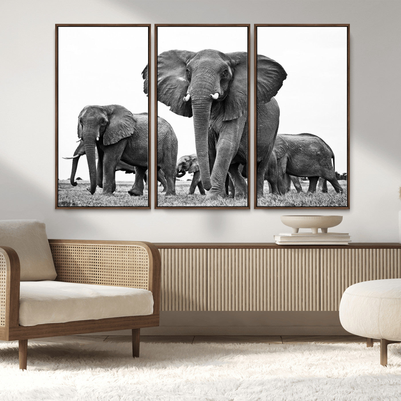 91685-MGV-FC-48X32-3P_Walnut-Elephant Herd Wall Art – Black and White Safari Canvas Print, African Wildlife Photography Decor for Living Room, Office or