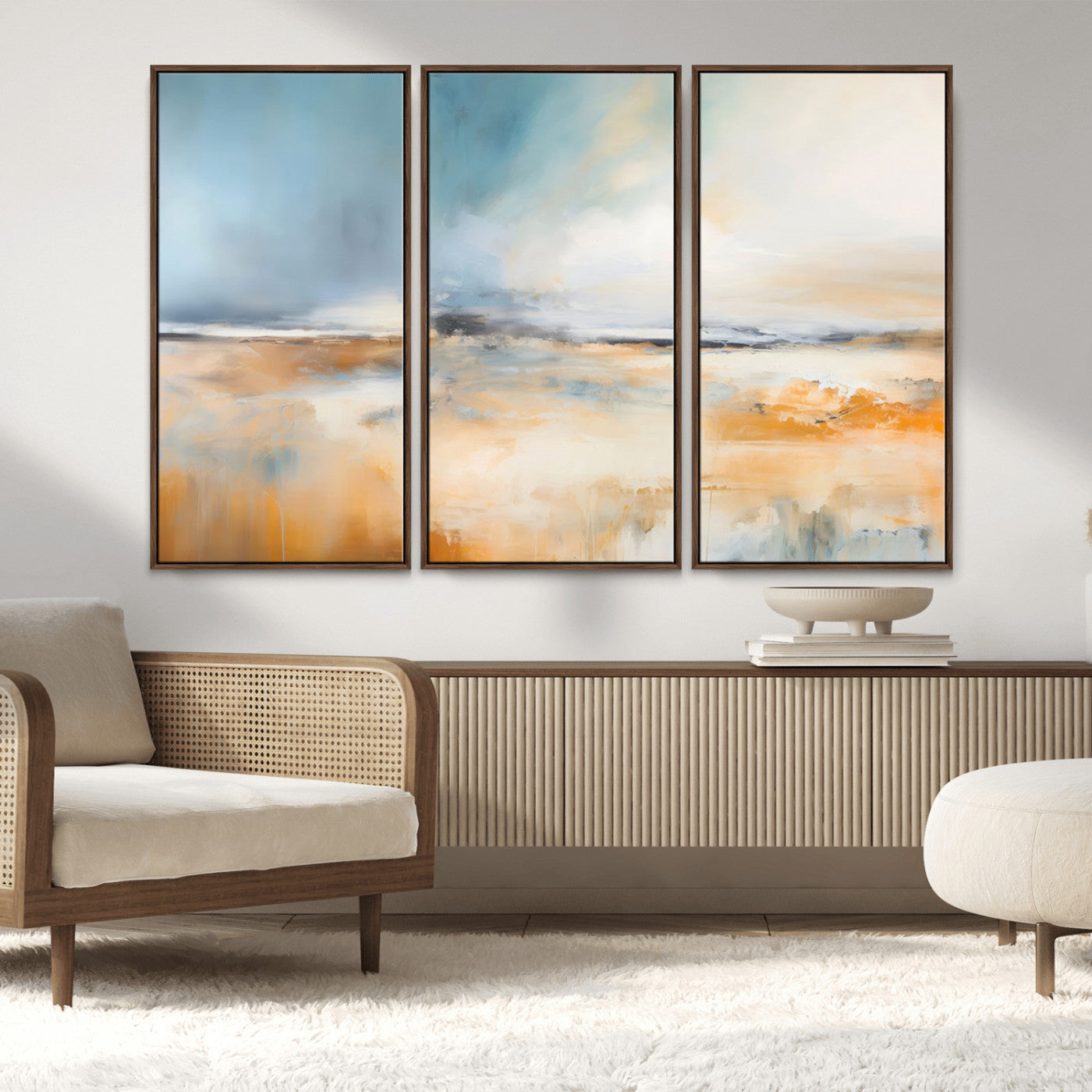 92764-MGV-FC-48X32-3P_Walnut-Abstract Landscape Wall Art – Modern Blue and Orange Canvas Print, Large Minimalist Painting for Living Room, Bedroom, Office or