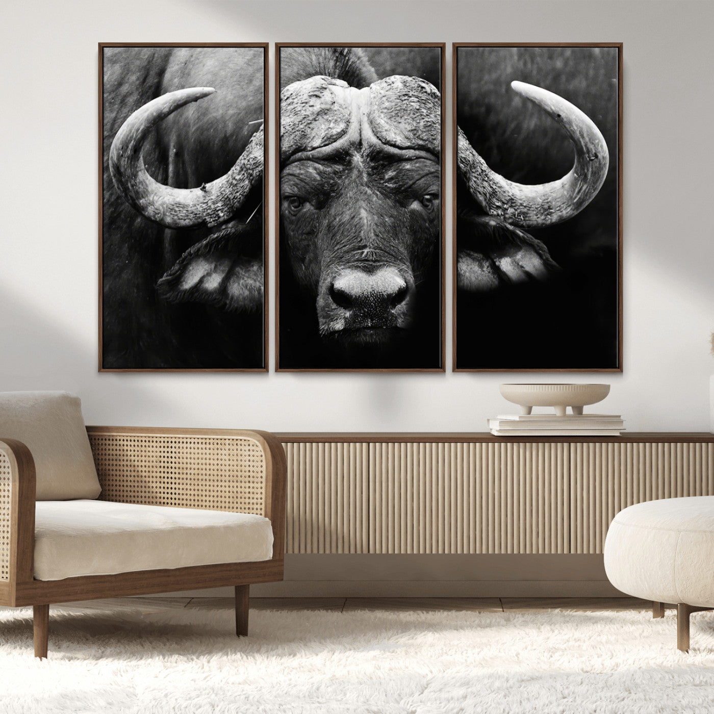 75273-MGV-FC-48X32-3P_Walnut-Buffalo Wall Art – Black and White African Buffalo Canvas Print, Rustic Wildlife Animal Artwork for Farmhouse, Living Room,