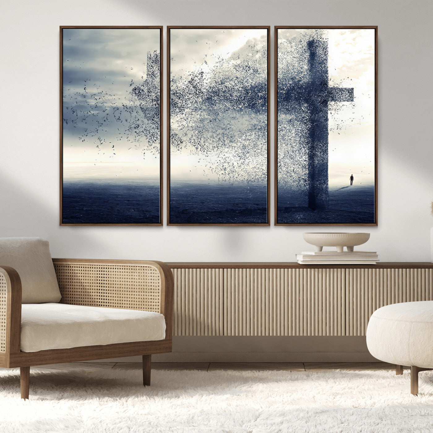 55718-MGV-FC-48X32-3P_Walnut-Surreal Cross Wall Art – Spiritual Faith Canvas Print, Abstract Christian Artwork with Modern Religious Symbol for Living Room,