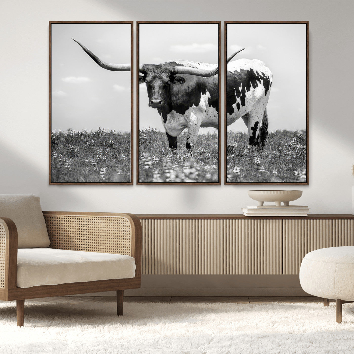 94709-MGV-FC-48X32-3P_Walnut-Texas Longhorn Wall Art – Black and White Bull Photography Canvas Print, Western Farmhouse Wall Decor for Living Room, Office or