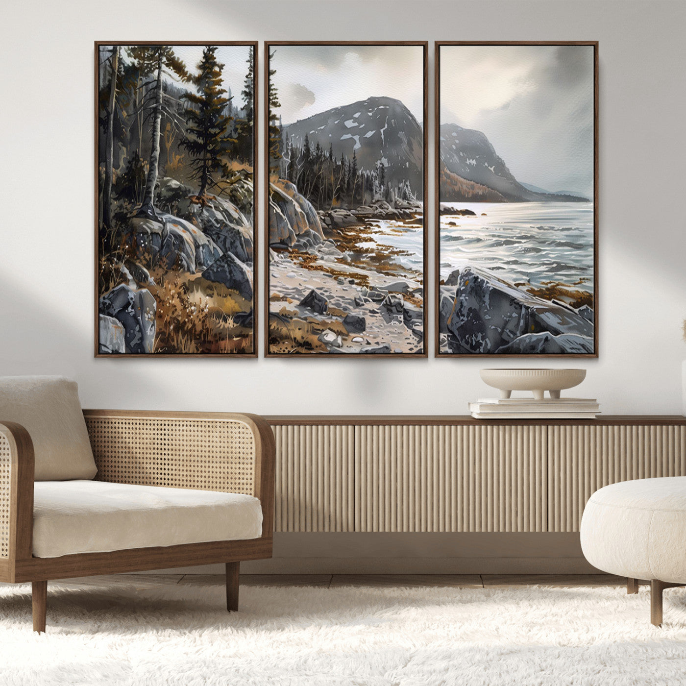 41281-MGV-CV-36X24-Rocky Shoreline Wall Art – Panoramic Mountain Coast and Forest Canvas Print, Rustic Nature Landscape Decor for Cabin, Lodge, or