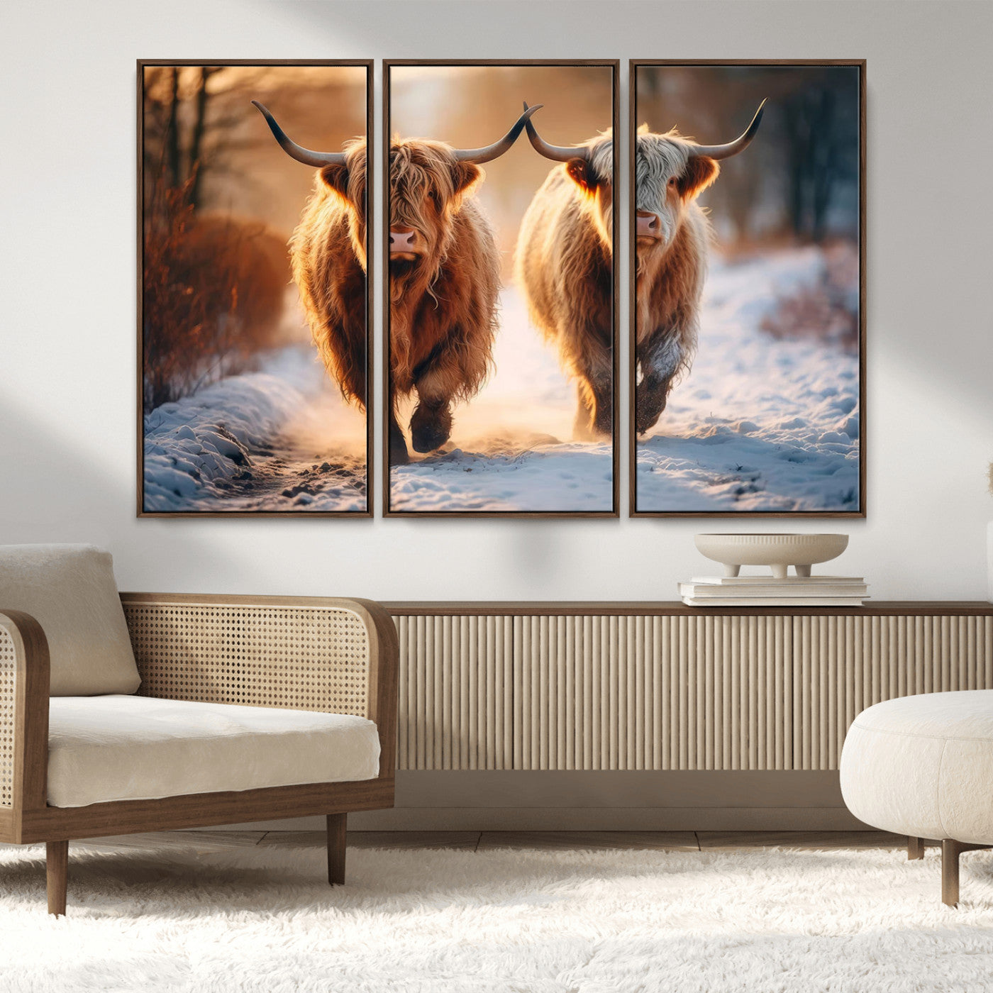 94810-MGV-FC-48X32-3P_Walnut-Highland Cow Wall Art – Rustic Canvas Print Two Cattle Snow Path Sunset, Farmhouse Country Decor for Living Room, Bedroom, Office,