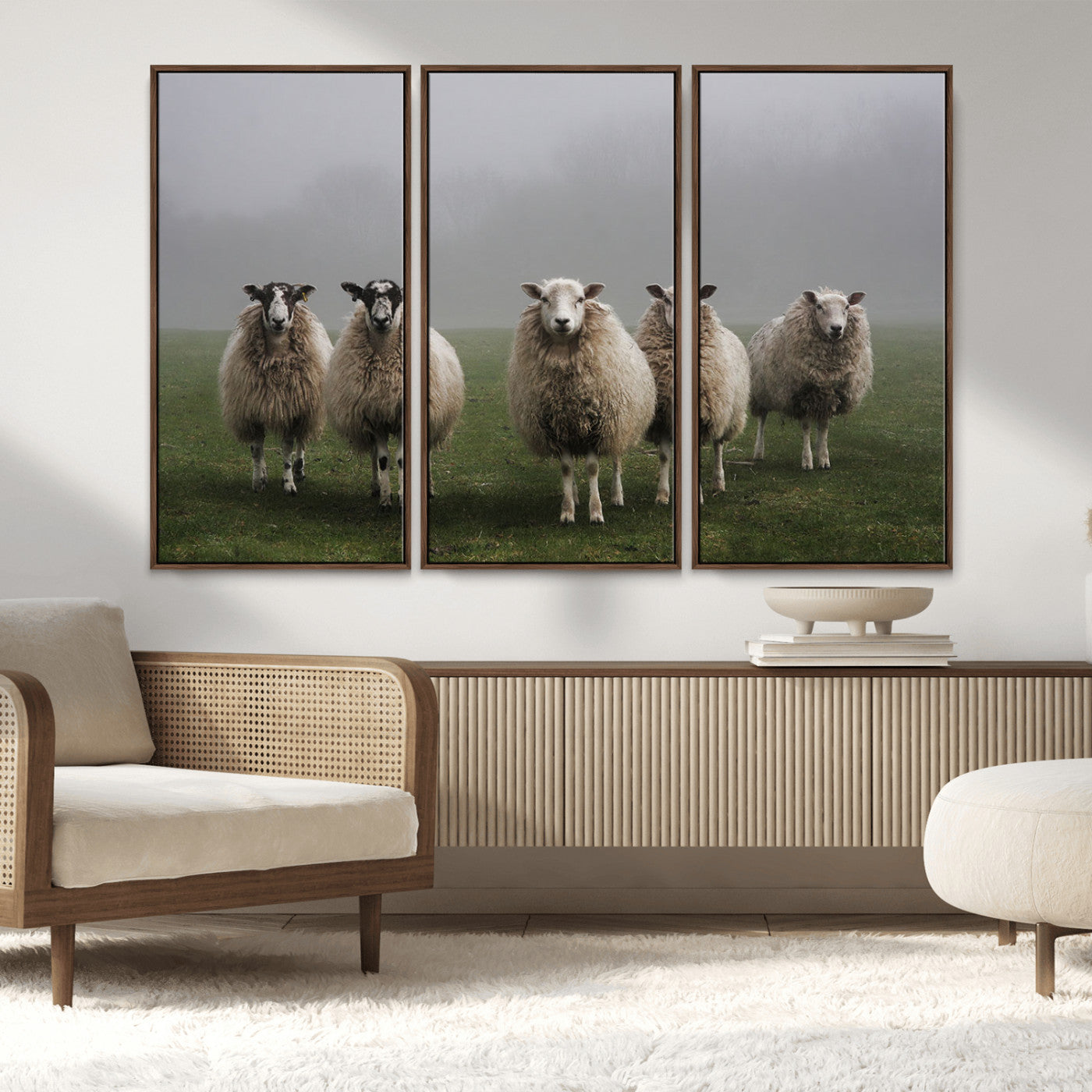 87339-MGV-CV-36X24-Sheep Wall Art – Rustic Farmhouse Canvas Print Flock Standing Misty Field Countryside Photography, Country Animal Decor for Living