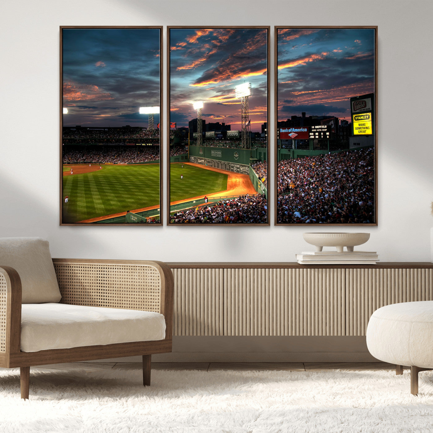 66781-MGV-FC-48X32-3P_Walnut-Baseball Stadium Wall Art – Canvas Print Evening Game Field Packed Crowd Sunset Sky Sports Photography, Dynamic Decor for Game